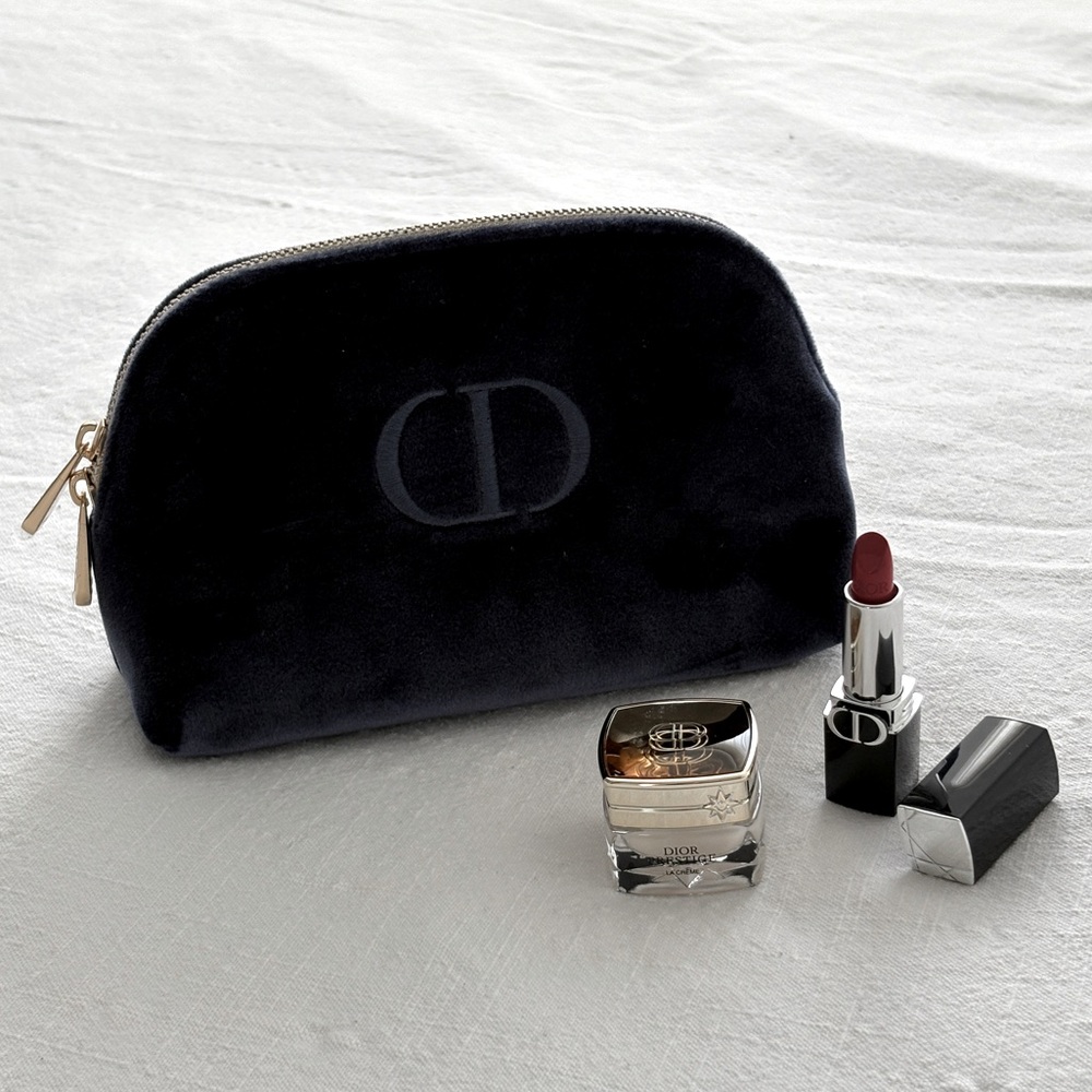 Dior Navy Velvet Beauty Pouch | Dior Prestige La Crème | Rouge Dior Lipstick - Picture 2 of 9